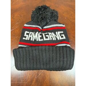 Same Gang Beanie Black Red‎ White Knit Pom Pom Winter Hat Streetwear Cuff Cap